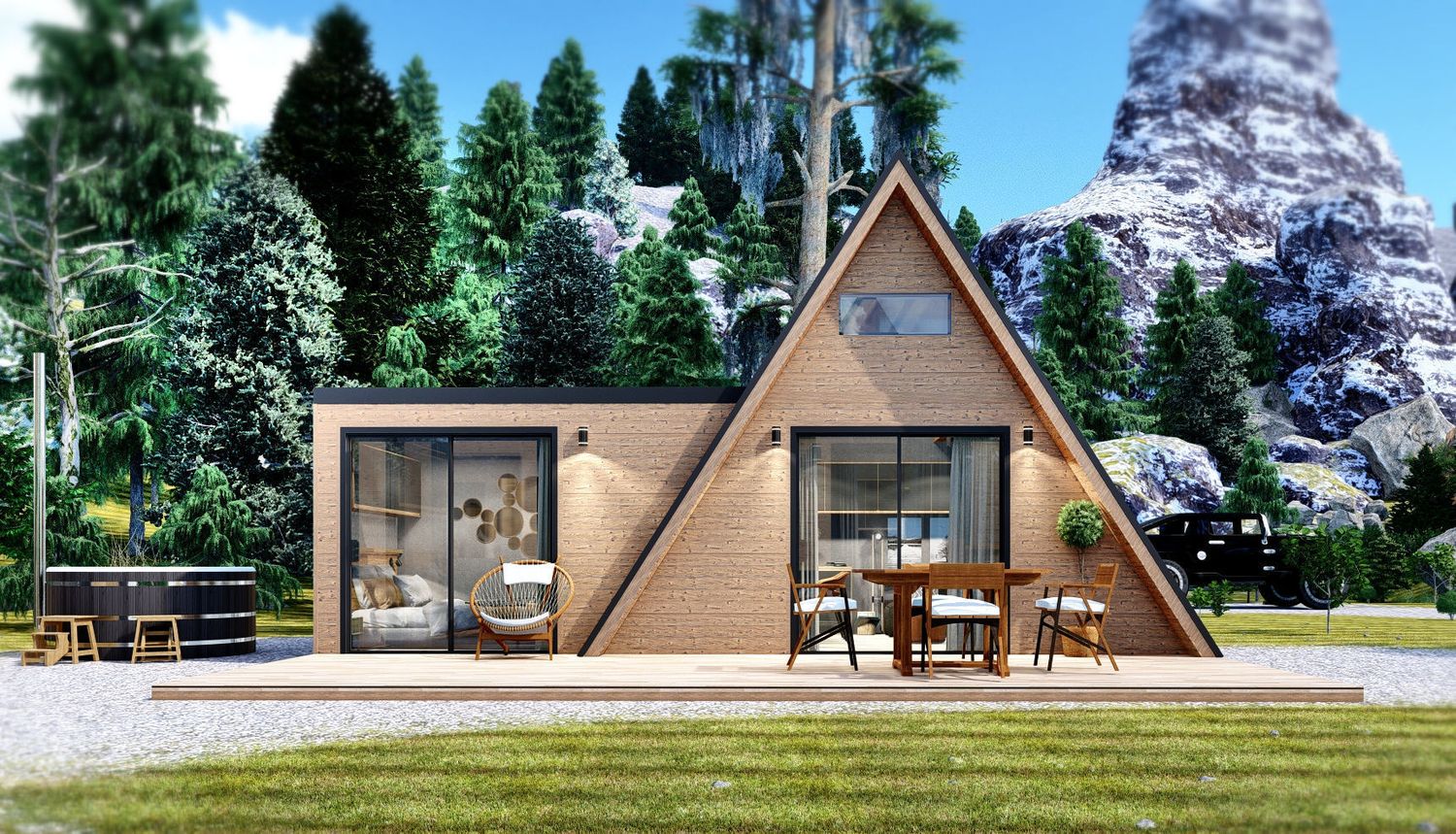 Promethean House 34m² A-frame modular house with side extension, ideal for cabins, retreats, and glamping.