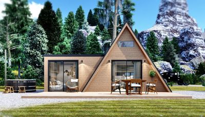 Promethean House 34m² A-frame modular house with side extension, ideal for cabins, retreats, and glamping.
