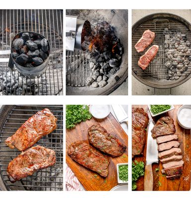 Reverse Seared New York Strip Steaks on a Charcoal Grill