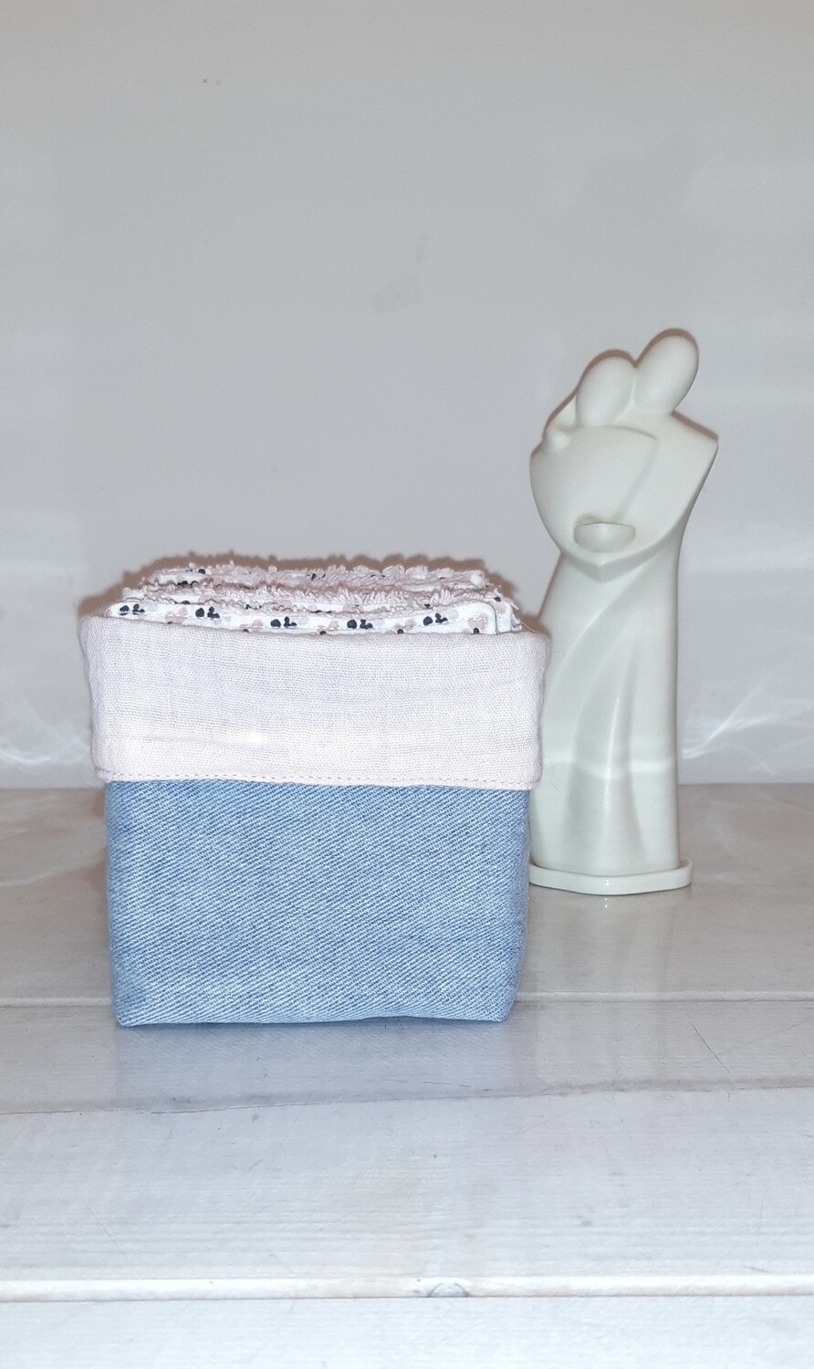 20 lingettes 10 x 10 lavables réutilisables et panier en jean recyclé Puna