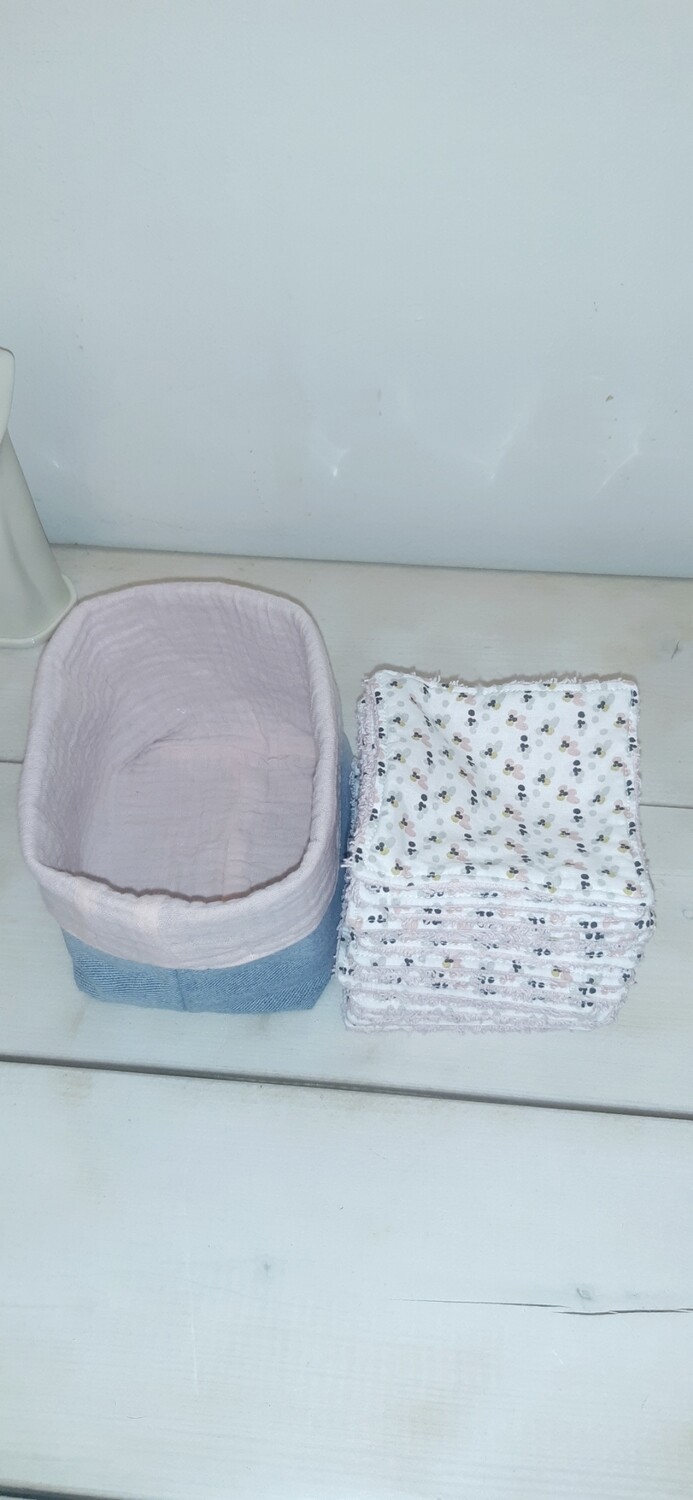 20 lingettes 10 x 10 lavables réutilisables et panier en jean recyclé Puna