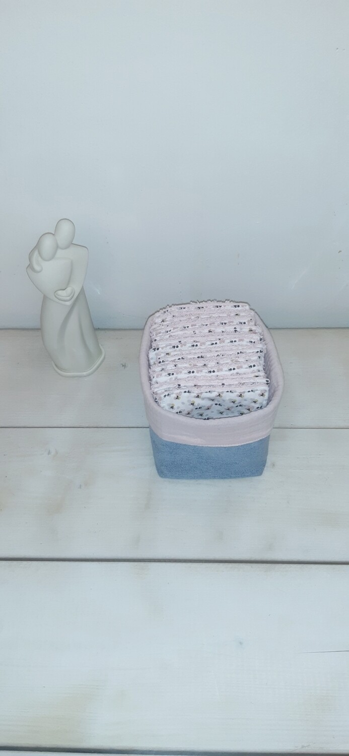 20 lingettes 10 x 10 lavables réutilisables et panier en jean recyclé Puna