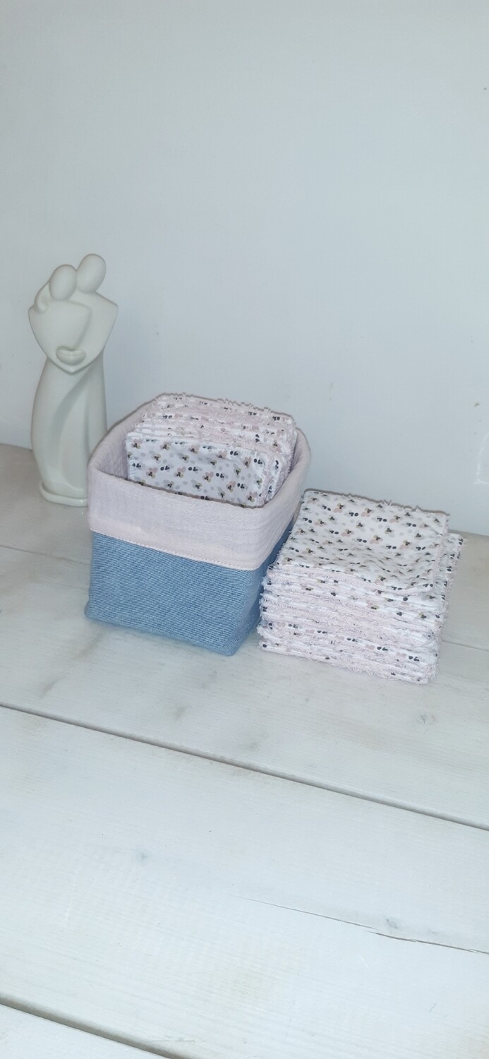 20 lingettes 10 x 10 lavables réutilisables et panier en jean recyclé Puna