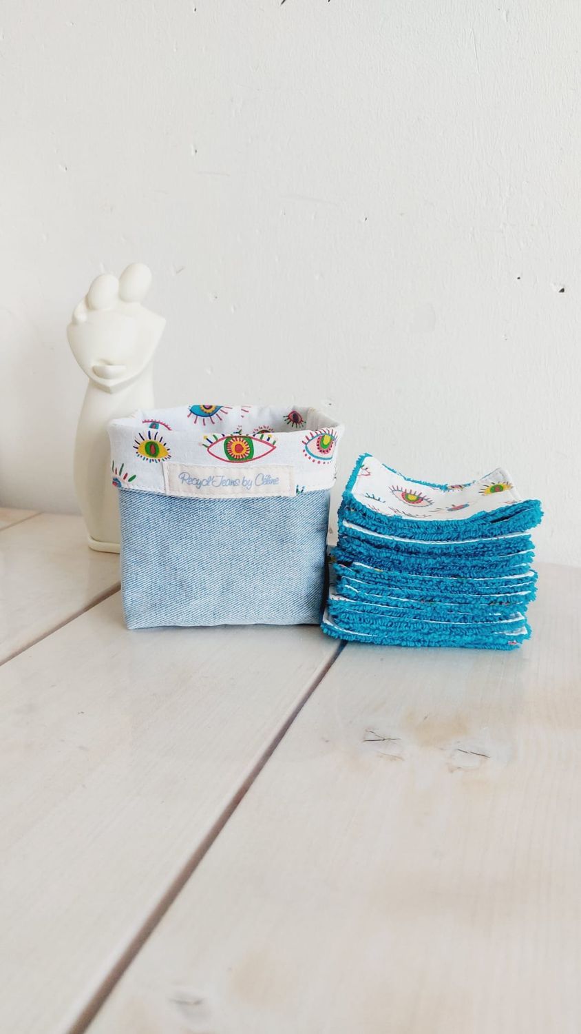 Lot 15 lingettes lavables et réutilisables Eyes dans leur panier en jean recyclé