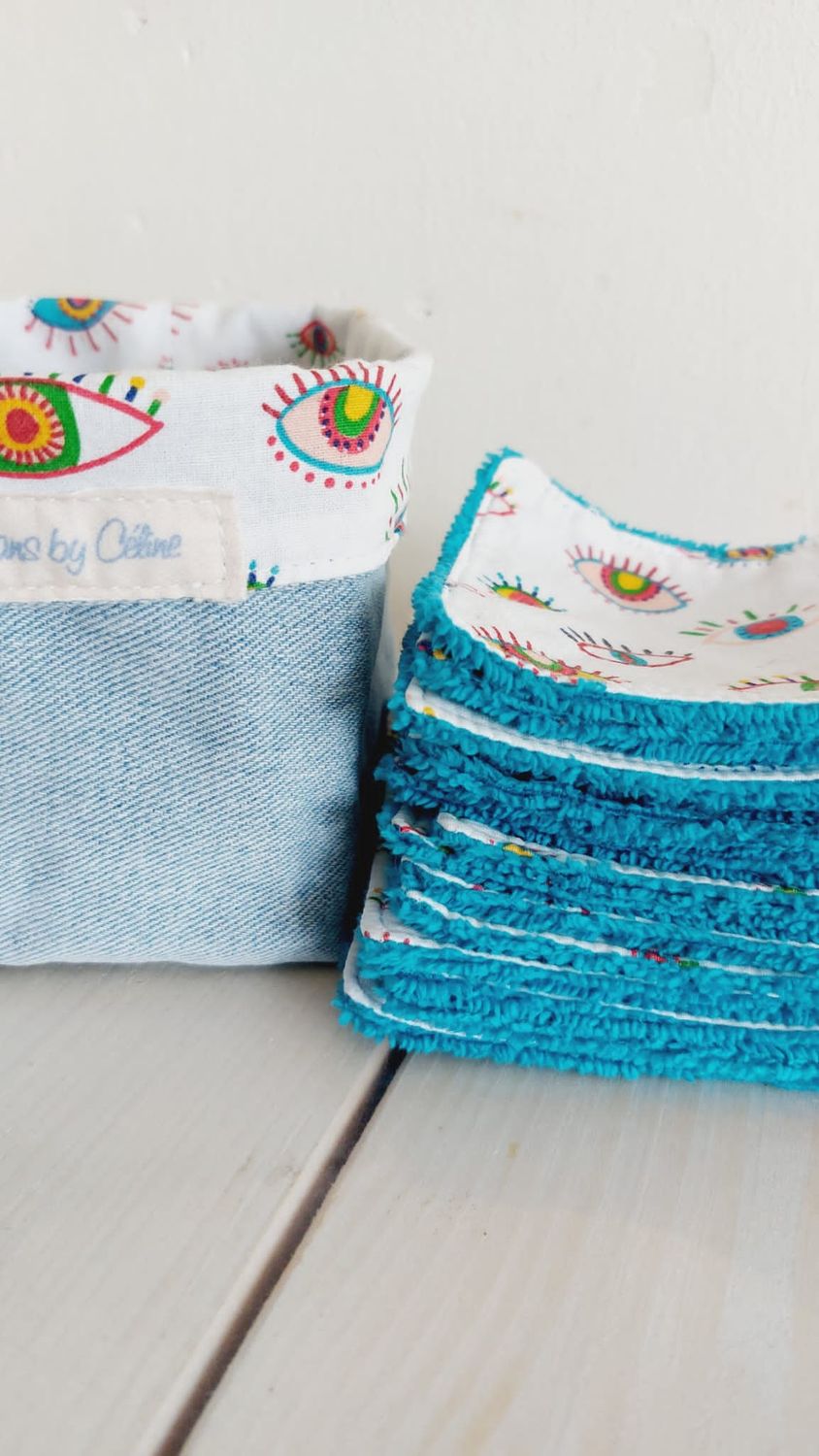 Lot 15 lingettes lavables et réutilisables Eyes dans leur panier en jean recyclé