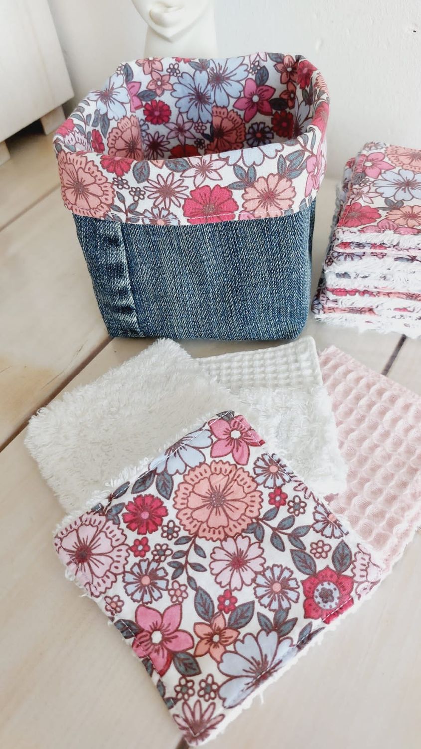 Panier 15 lingettes flowers, démaquillantes lavables et réutilisables