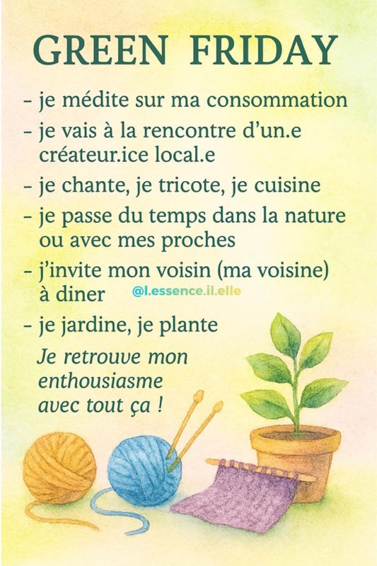 Illustration article blog l-essence-il-elle - Green Friday vs Black Friday : consommer responsable - retrouver l&#39;enthousiasme
