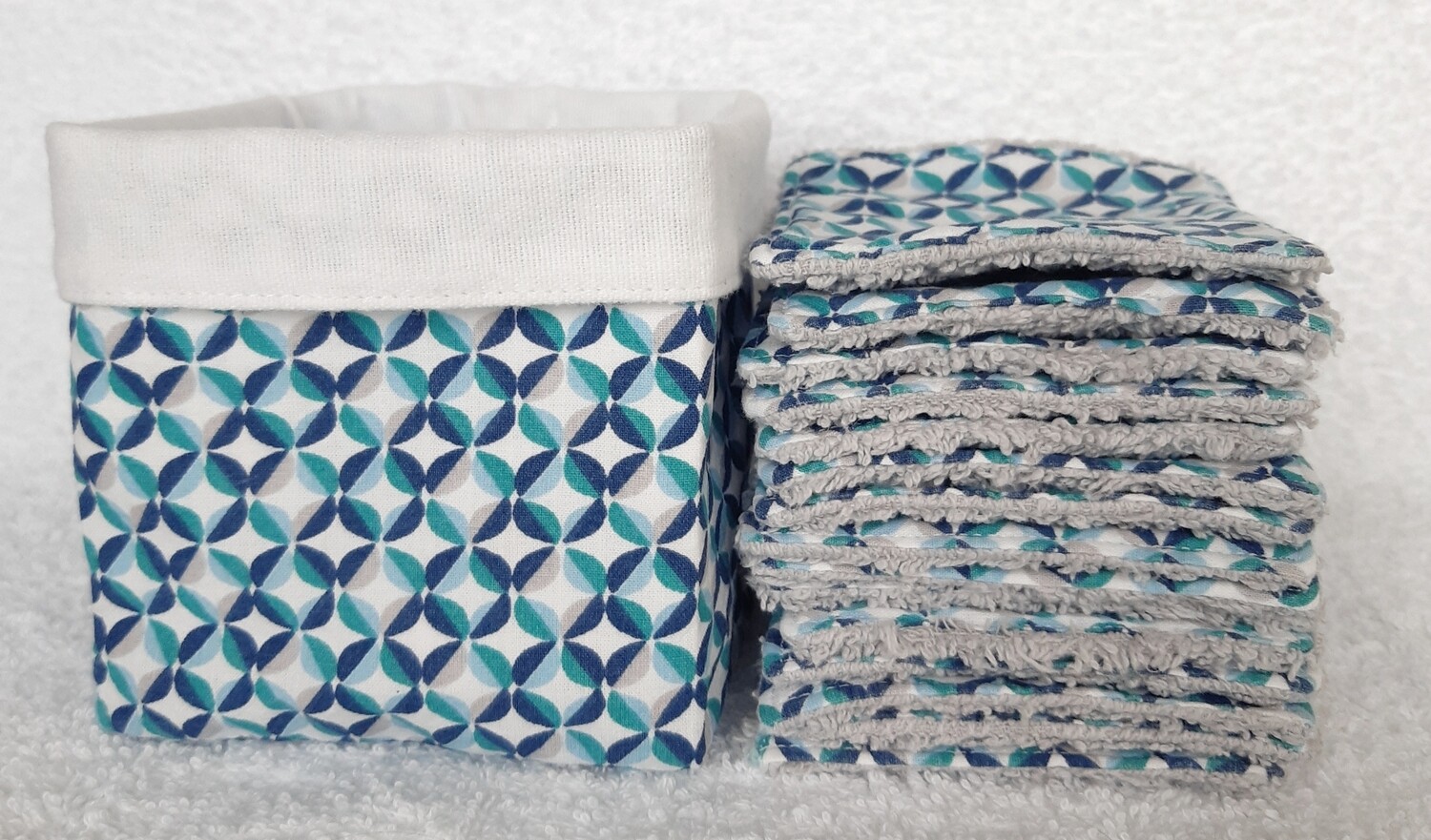 Lingettes Pop – coton à motif gris-bleu et éponge de coton gris clair