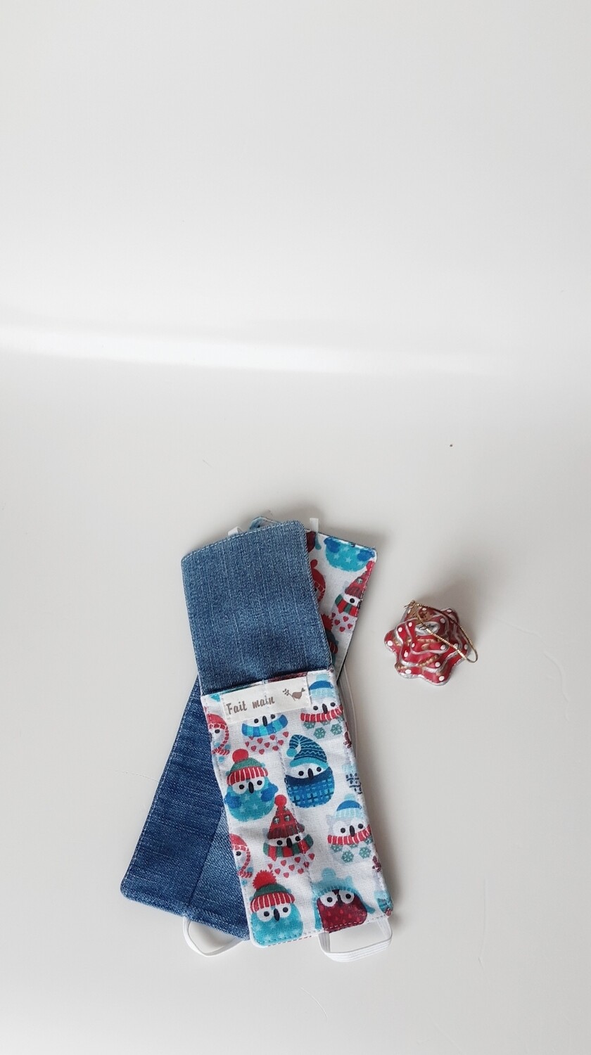 Lot Twila – deux marque-pages cousus main par l-essence-il-elle en jean recyclé et coton hiboux bleu