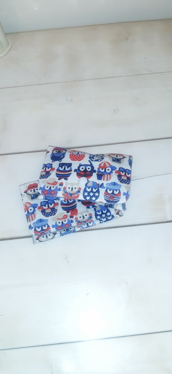 Lot Nascha – deux pochettes imperméables cousues main pour savon et shampoing solide, motifs hiboux colorés