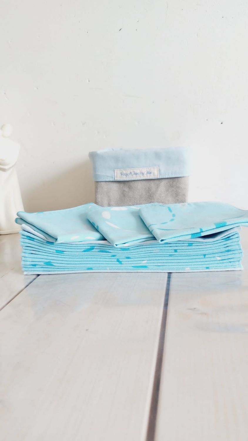 Lot Blue II – serviettes de table lavables en coton revalorisé et panier en jean recyclé - fait main  l-essence-il-elle