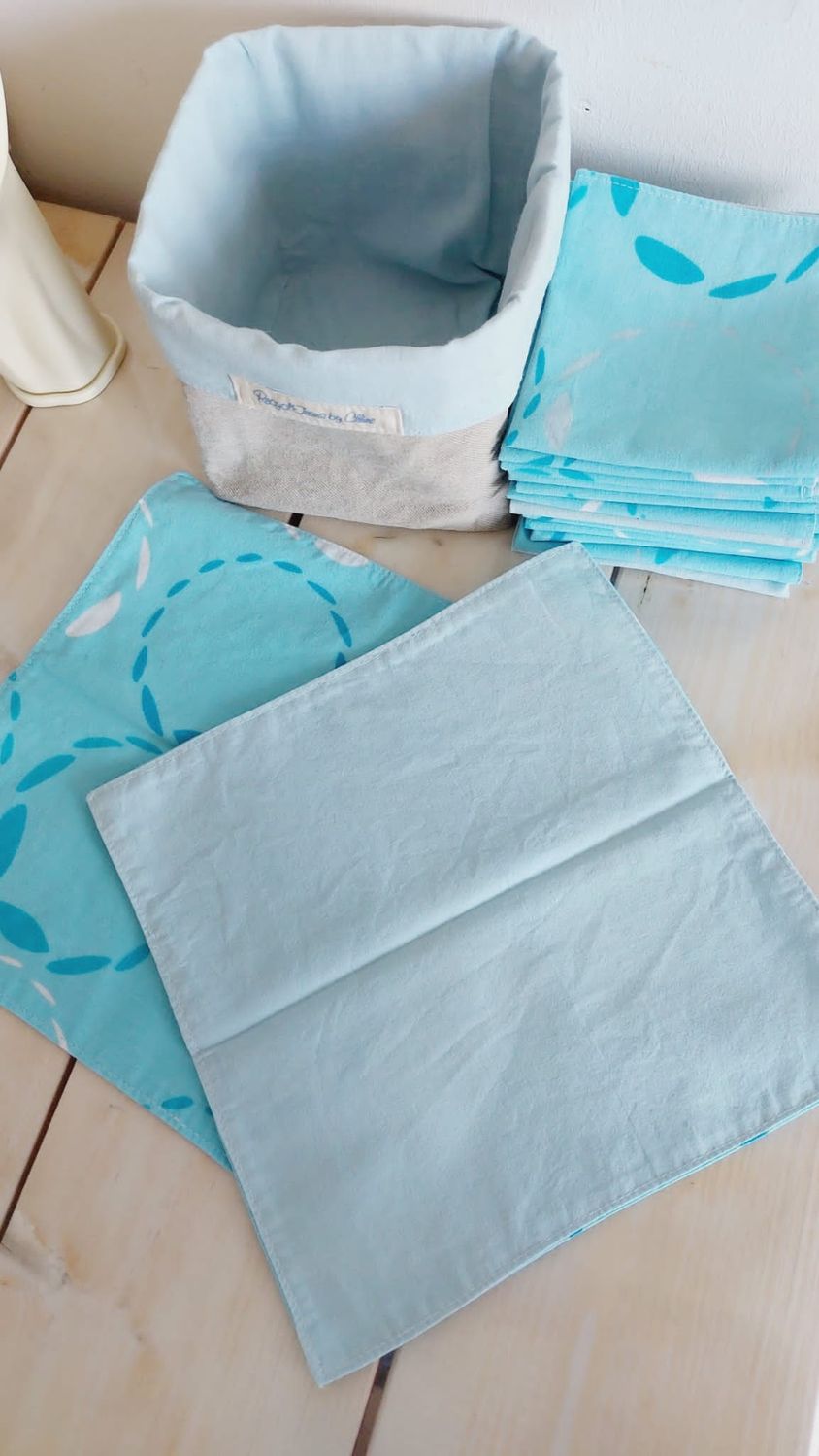 Présentation du lot Blue II – serviettes lavables en coton revalorisé dépliée