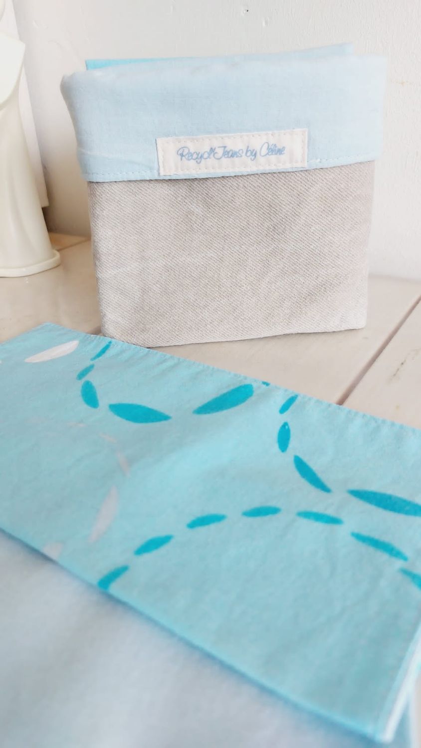 Blue II – Lot de 16 serviettes lavables en coton revalorisé avec panier en jean recyclé – Zéro déchet cousu main pour la cuisine