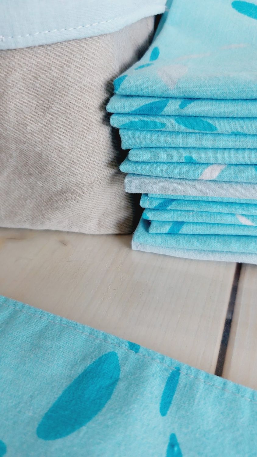 Présentation des couleurs du lot Blue II – serviettes lavables en coton revalorisé 