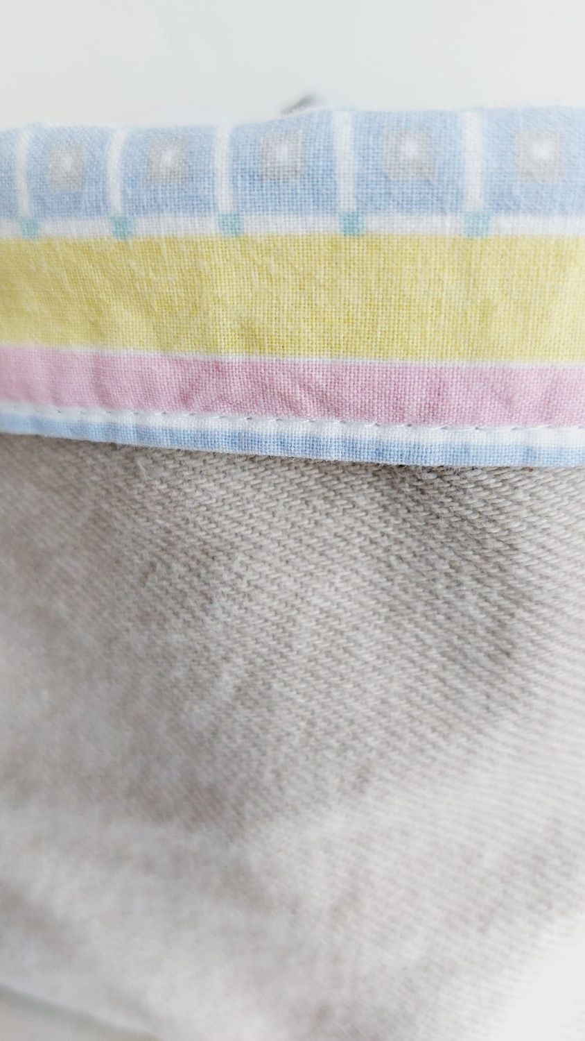 Serviettes lavables Mozaïque - Gros plan sur les finitions du panier en jean recyclé - Fait main