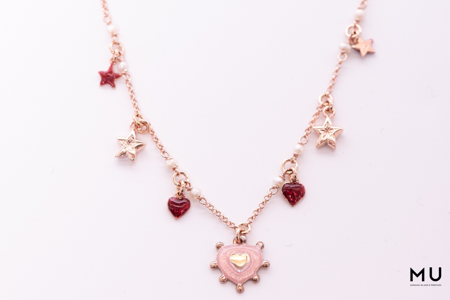 Collana charms cuori smalto rosa e rosso