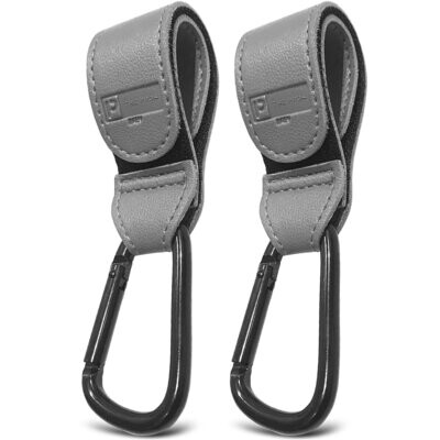 Grey Buggy Clips/Stroller Hooks | 2 Pack | Leather Style