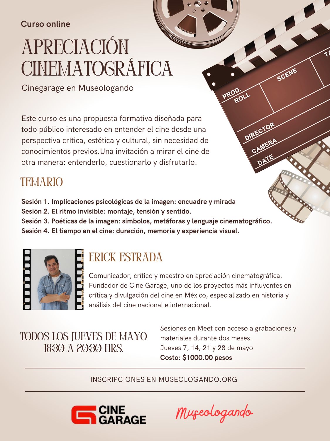 Curso en línea de Apreciación Cinematográfica 2026 | Cinegarage en Museologando