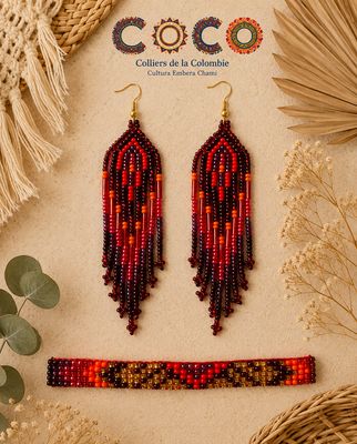 Parure artisanale Embera Chamí – Rouge Grenat & Doré
