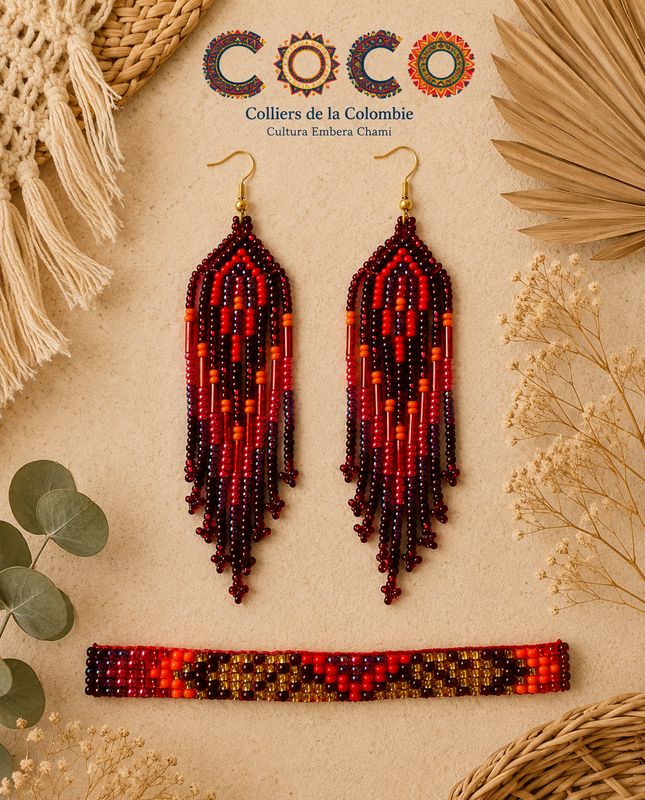 Parure artisanale Embera Chamí – Rouge Grenat & Doré