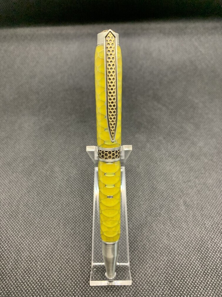 Honeycomb Antique Brass and Pewter Twist Pen - Yellow Honeycomb