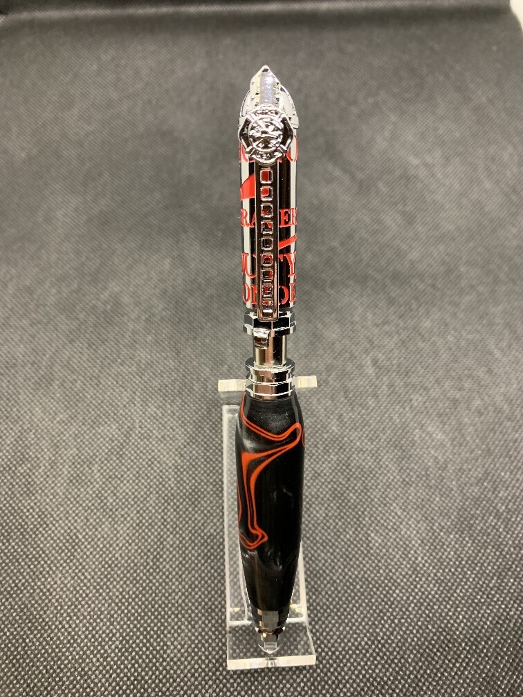 Firefighter &quot;Push &amp; Lock&quot; Pen - Chrome and Red with Lava Flow