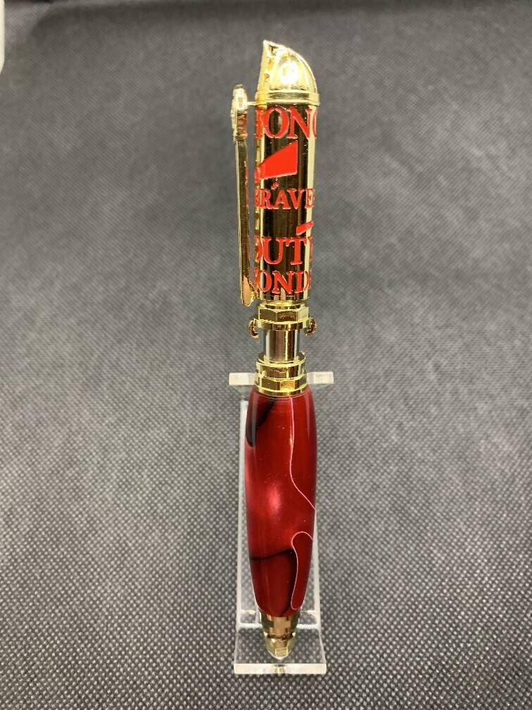 Firefighter &quot;Push &amp; Lock&quot; Pen - Polished Brass and Red