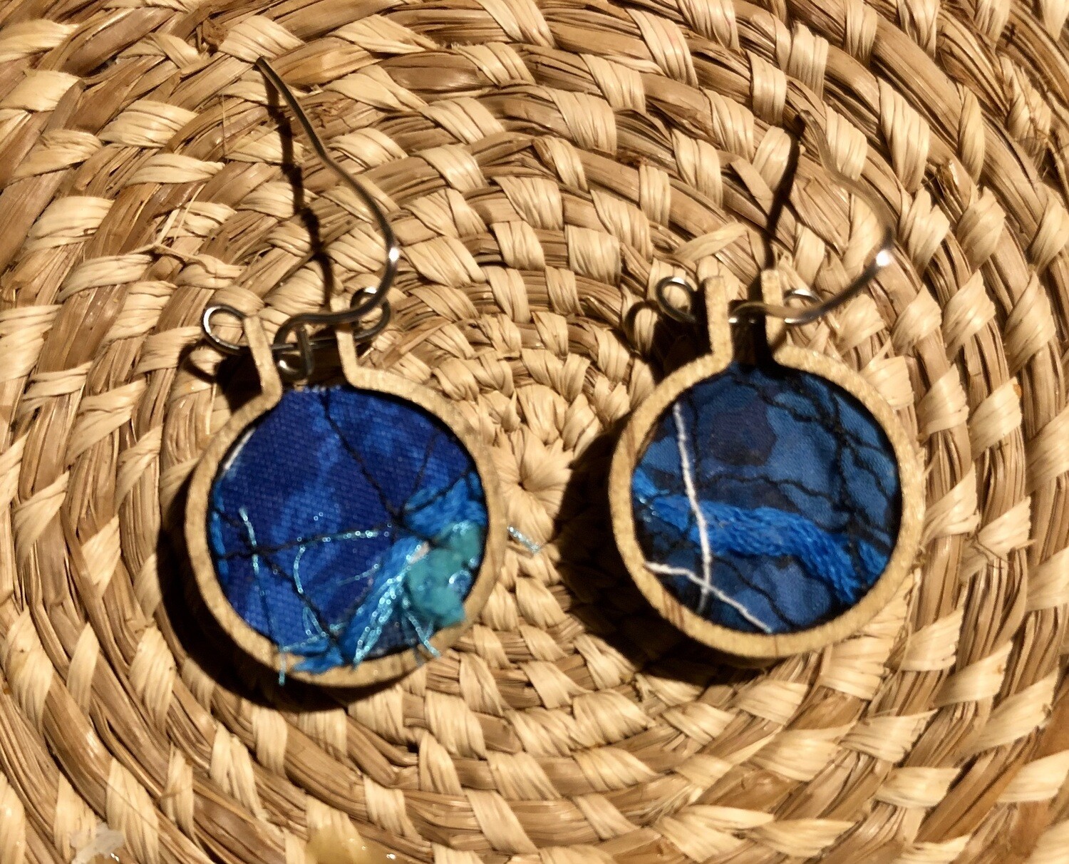 Earrings, recycled free motion, 1” embroidery hoop