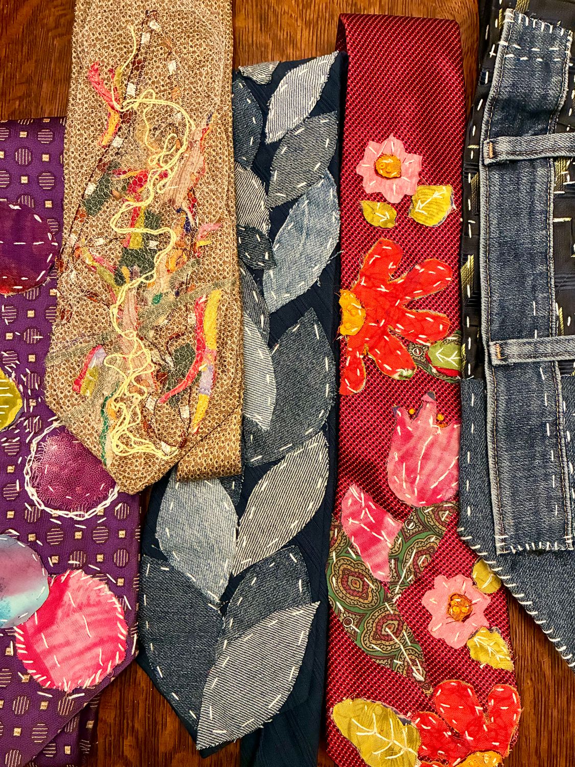 Neckties: upcycled, embroidered, free-motion