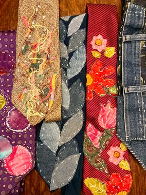 Neckties: upcycled, embroidered, free-motion