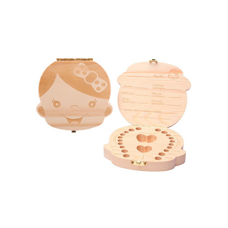 Completa caja de madera para guardar los dientes de leche.

