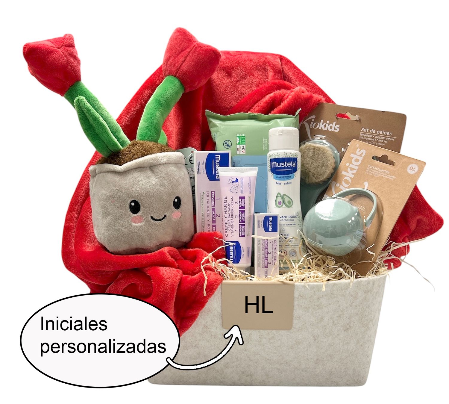 Cesta regalo bebé canastilla nacimiento rosas felices