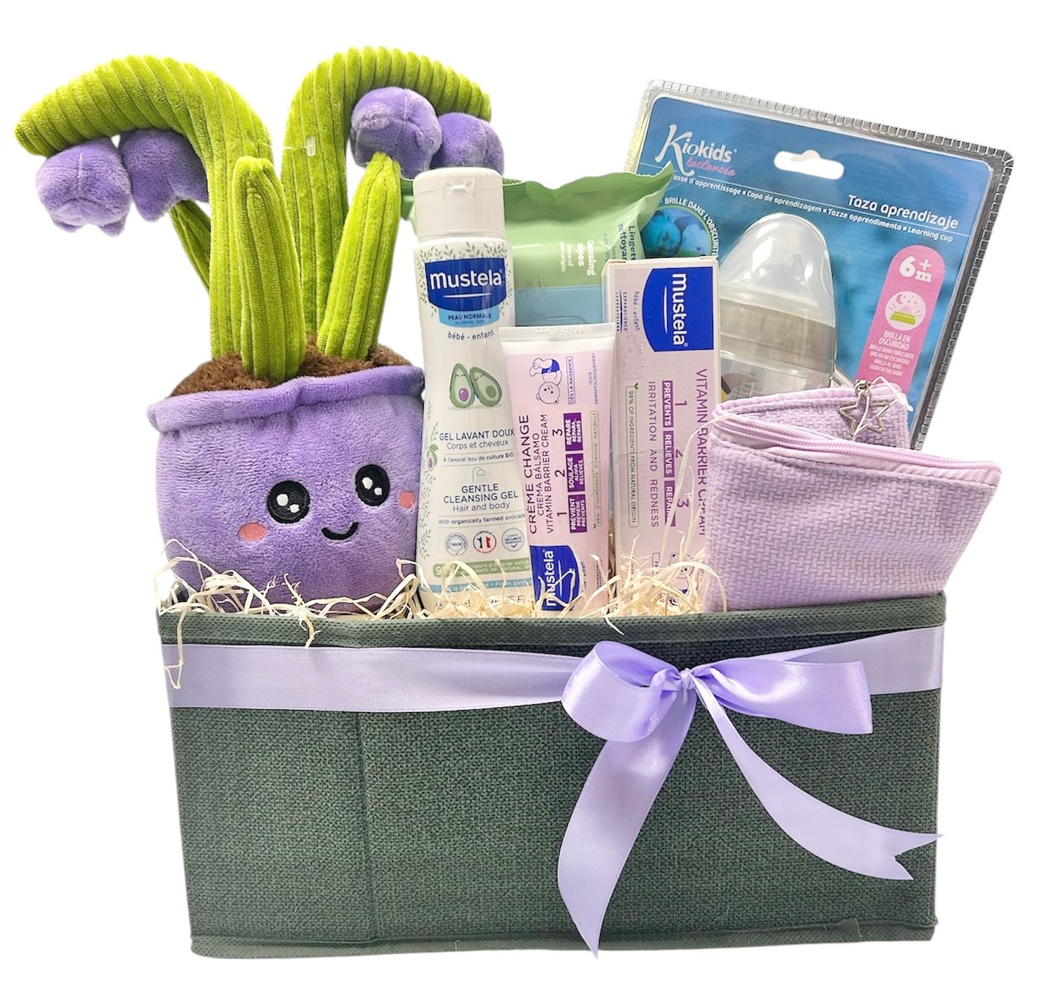 Cesta regalo nacimiento bebé todo al violeta