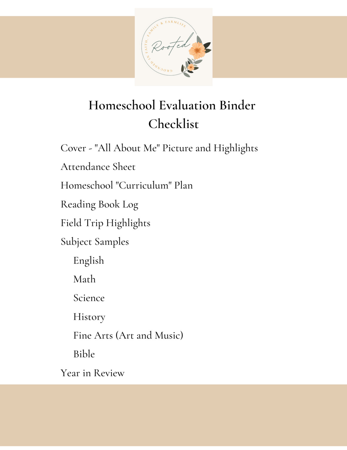 Homeschool Evaluator Binder Checklist