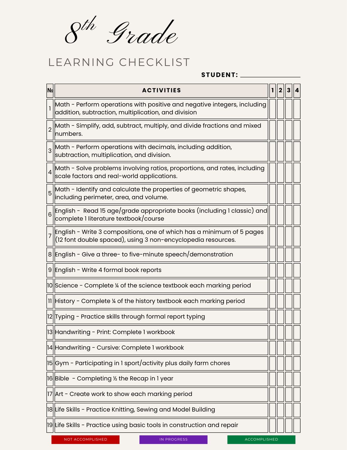 Easy Homeschooling - 8th Grade Learning Checklist Downloadable