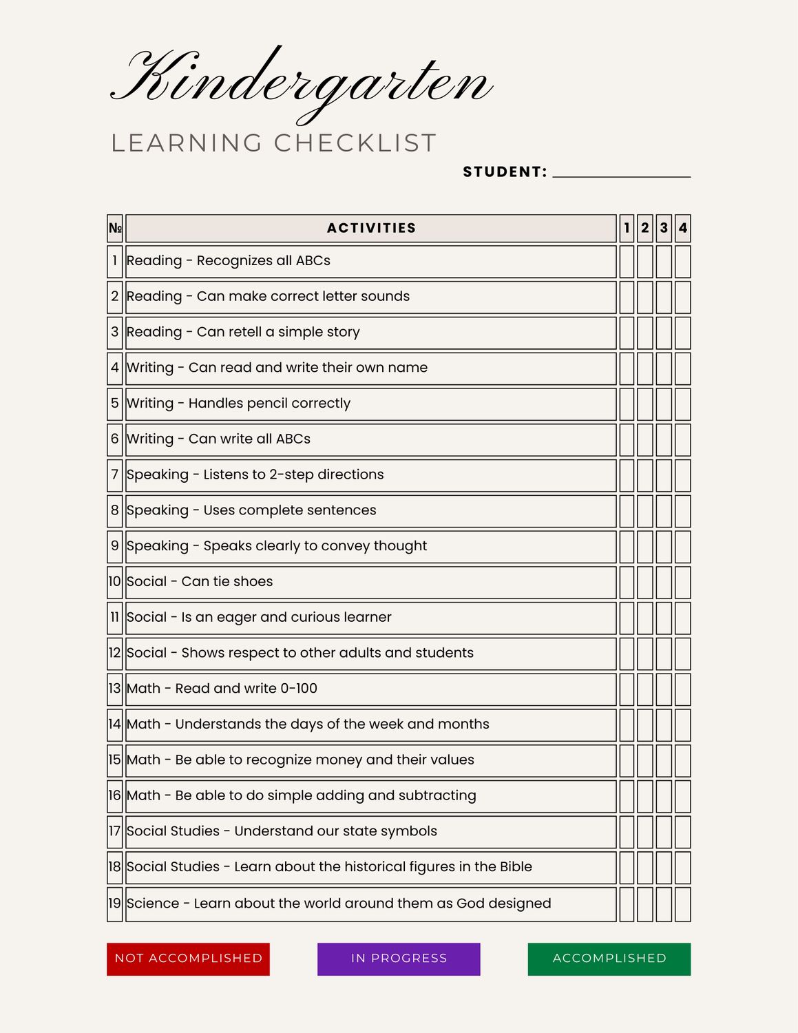 Easy Homeschooling - Kindergarten Learning Checklist Downloadable
