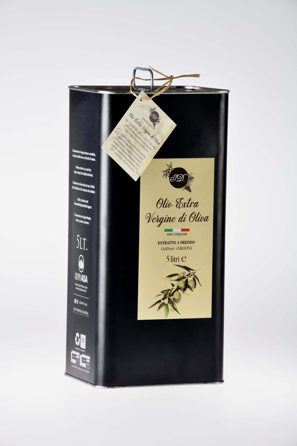Lattina da 5 litri di olio extra vergine di oliva.
Cultivar: Coratina.