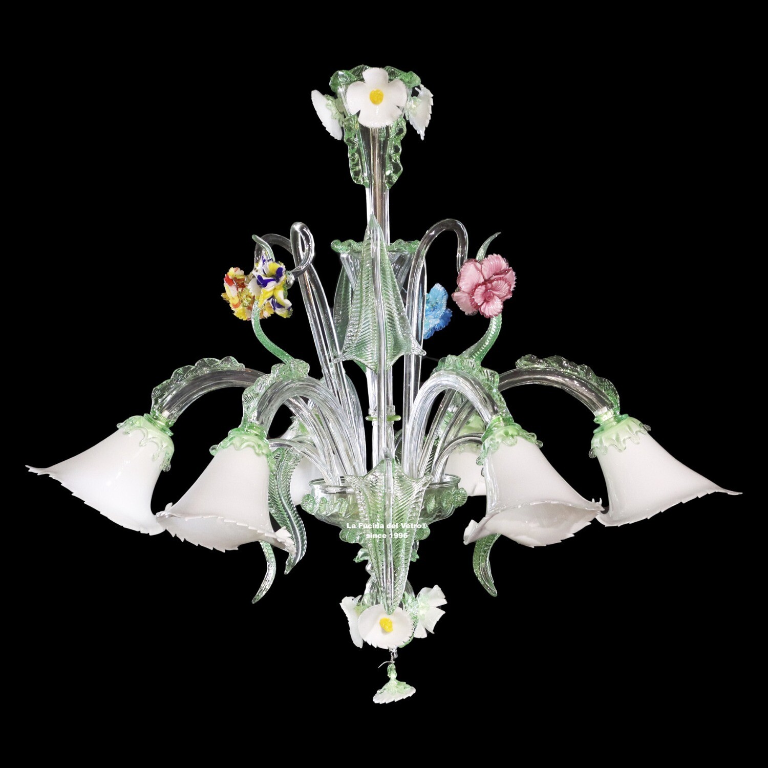 "ACQUATICO" Lampadario in vetro di Murano con decori in pasta