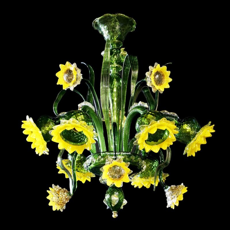 "GIRASOLI" Lampadario floreale in vetro di Murano verde