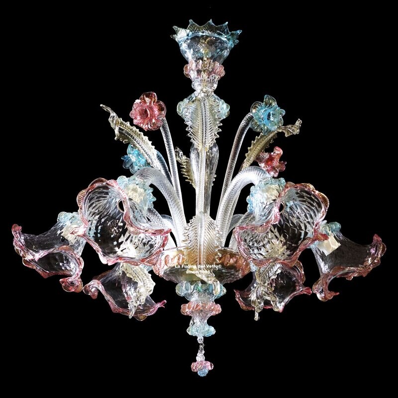 "RIFLETTORI" Lampadario acquamarina e rosa in vetro di Murano