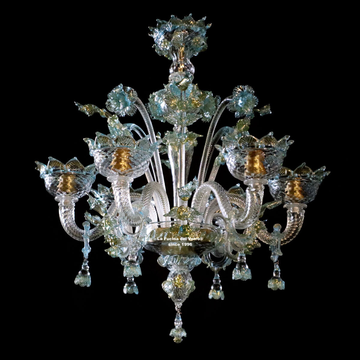 "FERRO ACQUA" Lampadario in vetro acquamare di Murano