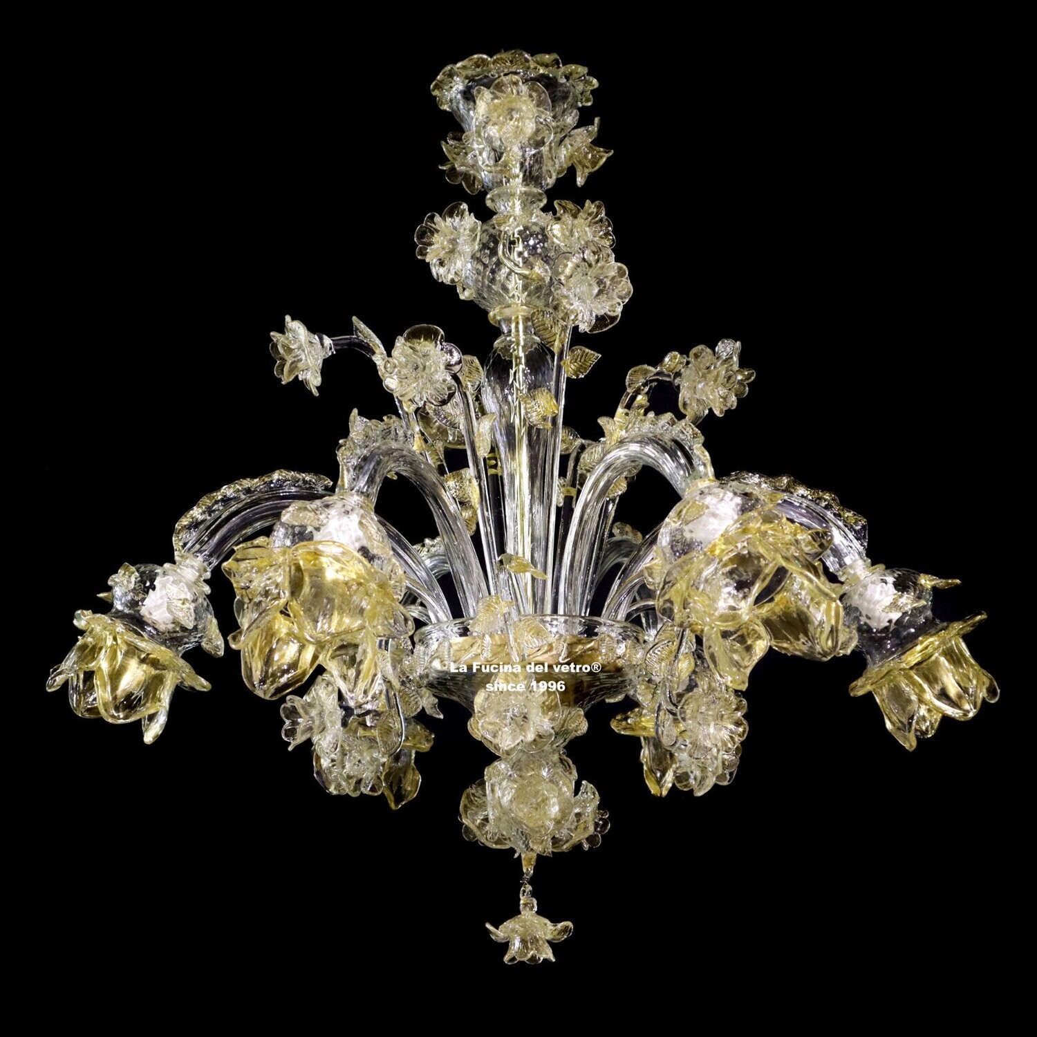 "ROSETO REALE ORO" Lampadario floreale in vetro di Murano trasparente