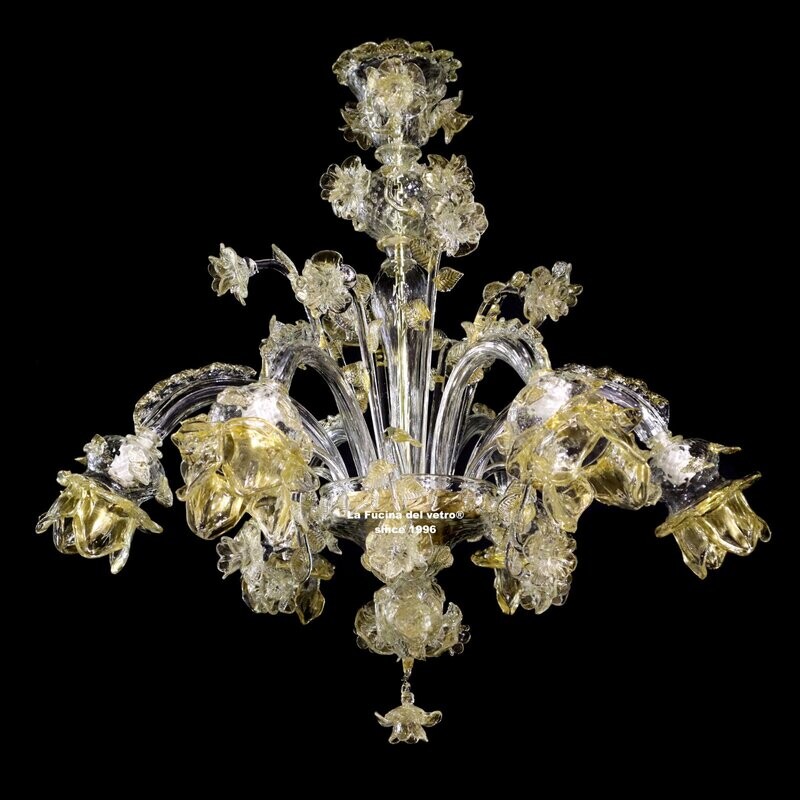 "ROSETO REALE ORO" Lampadario floreale in vetro di Murano trasparente