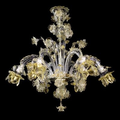 "ROSETO REALE ORO" Lampadario floreale in vetro di Murano trasparente