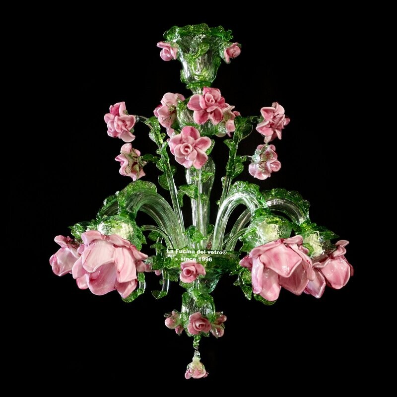 "ROSETO GREEN" Lampadario floreale in vetro di Murano verde