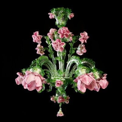 "ROSETO GREEN" Lampadario floreale in vetro di Murano verde