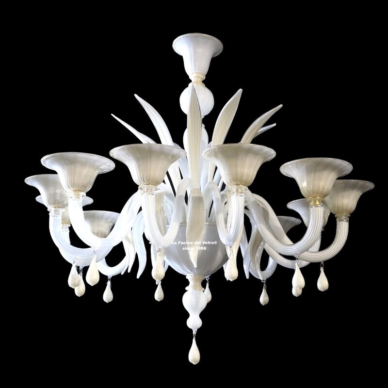"ROYAL SPEARS" Pastoral chandelier in white Murano glass and 24kt gold leaf