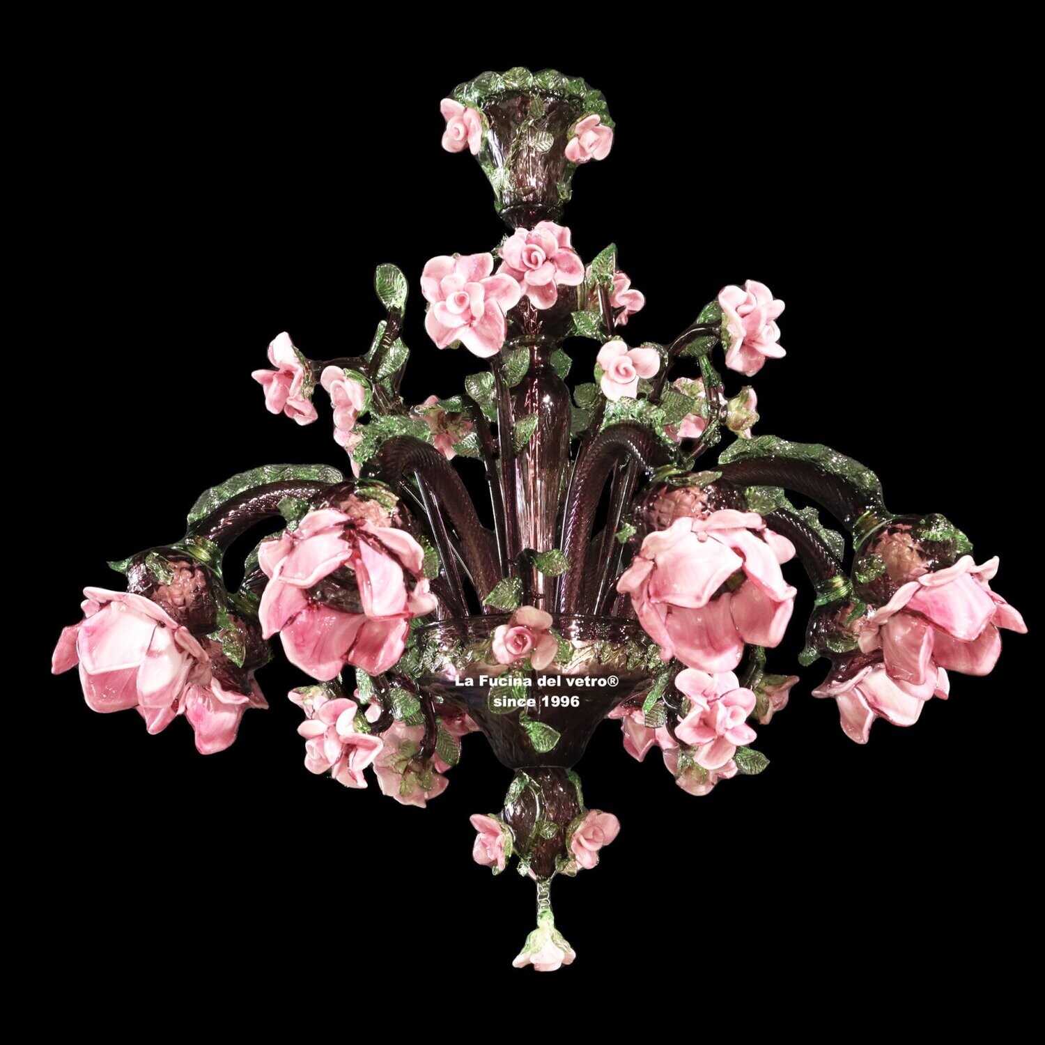 "ROSETO DARK" Lampadario floreale in vetro di Murano verde e ametista