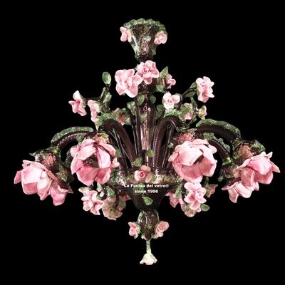 "ROSETO DARK" Lampadario floreale in vetro di Murano verde e ametista