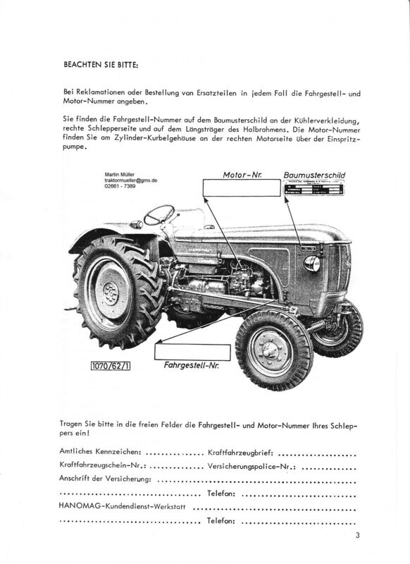 Hanomag Granit 500 (runde Haube), Betriebsanleitung